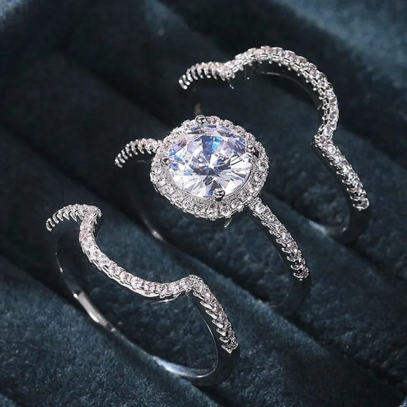 ▶3pcs/set Engagement Square Zircon Silver Classic Romantic Ring Set, L121 - Picture 1 of 4